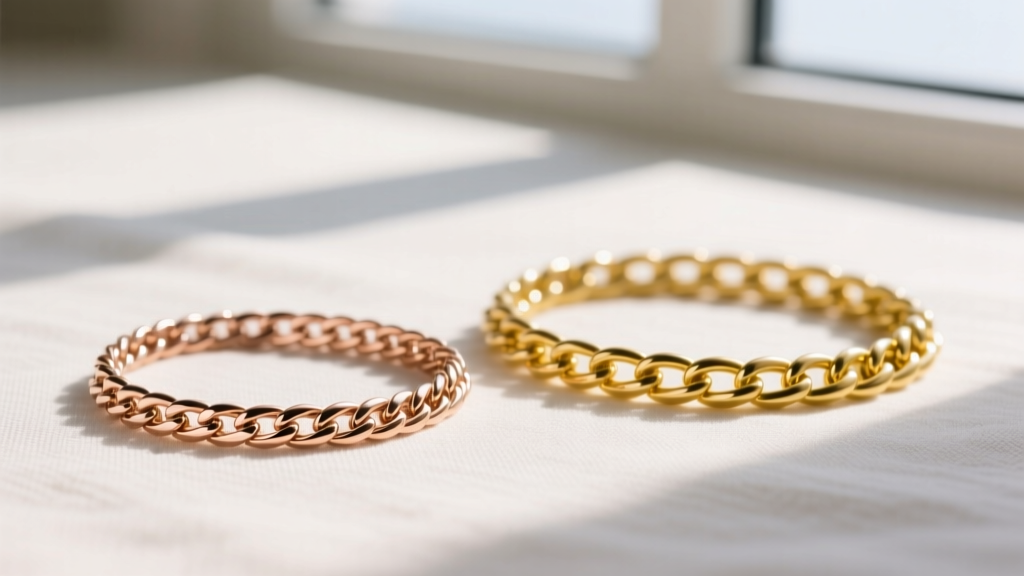 Macro shot of a 2mm 18k rose gold herringbone chain next to an 8mm 14k chain, both resting flat on a neutral linen background.
