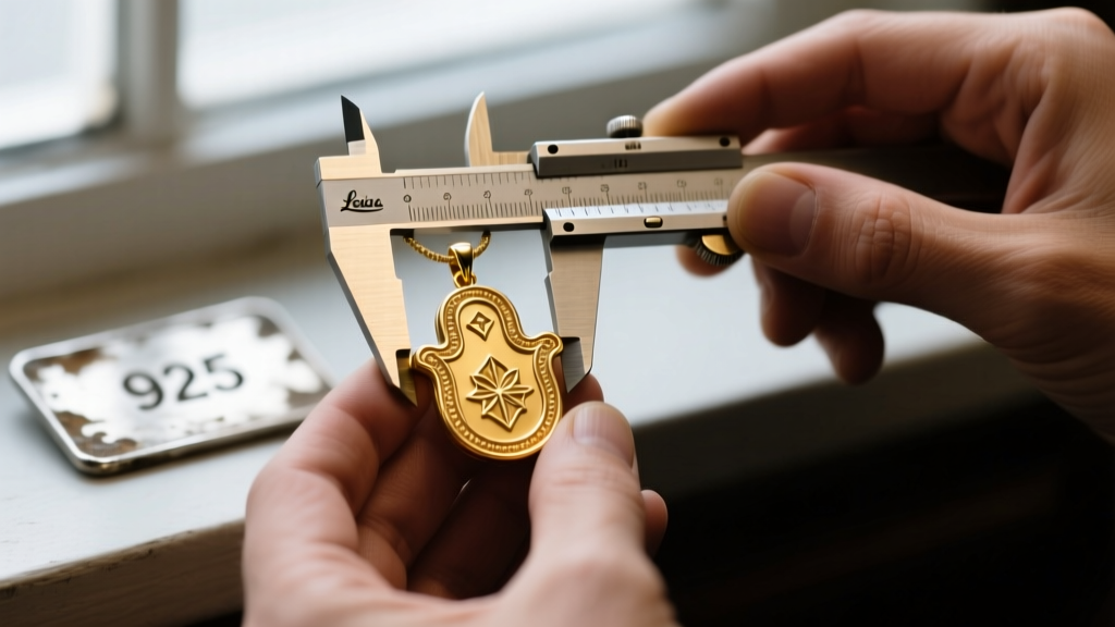Jeweler measuring a gold vermeil hamsa pendant with calipers, a 925 hallmark stamp visible in the softly blurred background.
