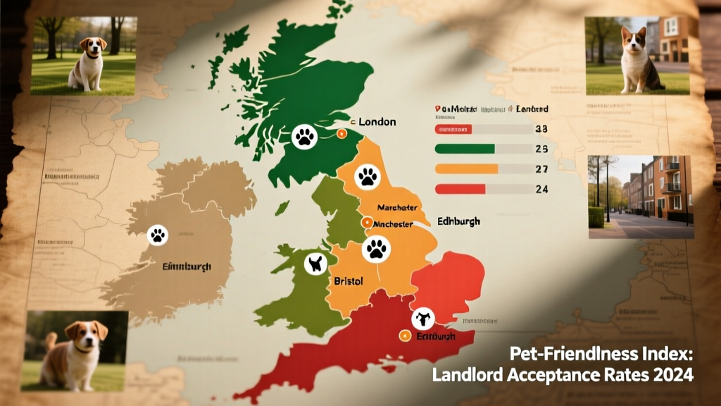 Map of the UK highlighting major cities and their pet-friendliness scores based on landlord acceptance rates