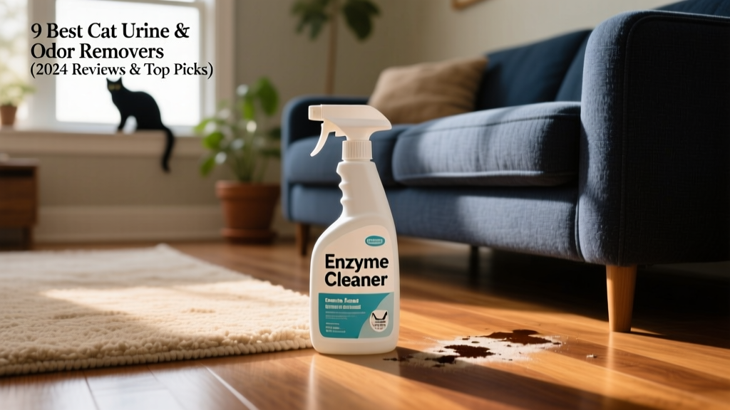 Spray bottle next to common household surfaces: carpet, hardwood floor, and fabric sofa
