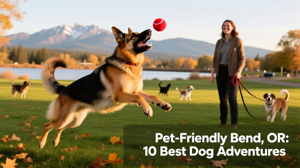German Shepherd happily playing fetch in Riverbend Dog Park, Bend, Oregon