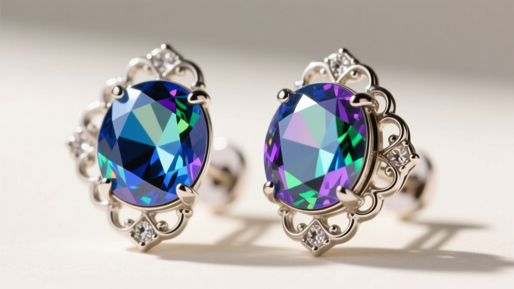 Close-up of vintage Juliana clip-on earrings with large aurora borealis rhinestones in rhodium-plated metal and ornate prongs.