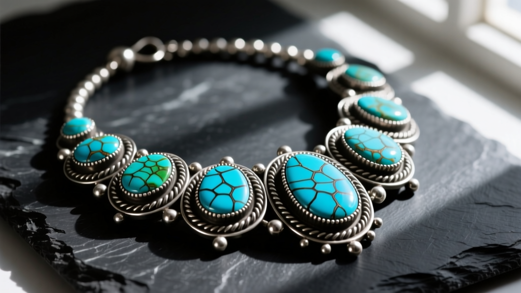 Close-up of a heavy vintage Navajo silver squash blossom necklace with natural spiderweb turquoise stones resting on dark slate