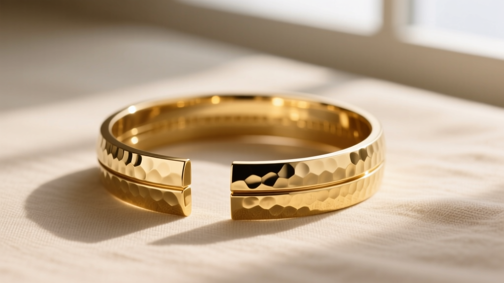 Macro view of an architectural gold bangle revealing hammered textures and seamless joints on a neutral beige linen background.