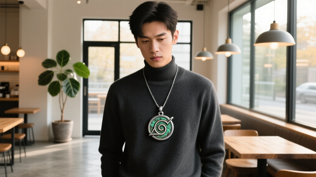 Person wearing an oxidized silver Uchiha crest pendant over a dark shirt, standing in a warmly lit modern coffee shop environment