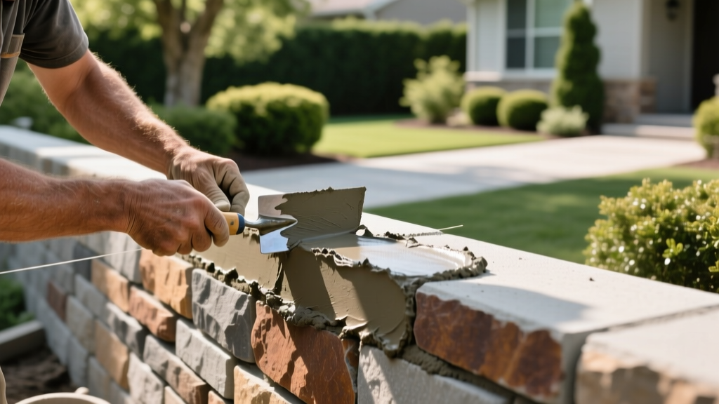 Close-up of a mason applying Type S mortar to natural stacked stone veneer facing a concrete block retaining wall in a landscaped yard