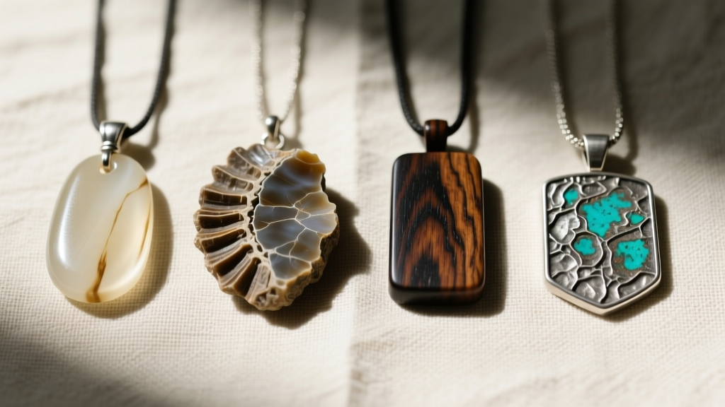 Flat lay of four pendants: polished bone, raw fossil, dark koa wood, and oxidized sterling silver on natural linen cloth.