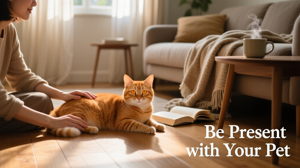 A relaxed ginger cat resting beside its owner on a sunlit living room floor