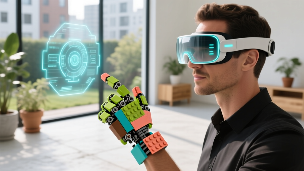 A user wearing a mixed reality headset while interacting with a custom-built haptic feedback glove made from eco-friendly Lego Technic pieces.