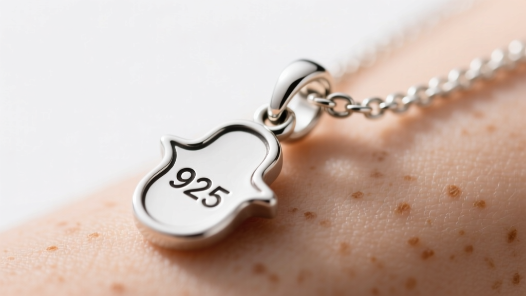 Macro shot of a 925 sterling silver hamsa necklace clasp showing the stamp and secure lobster mechanism against warm bare skin.