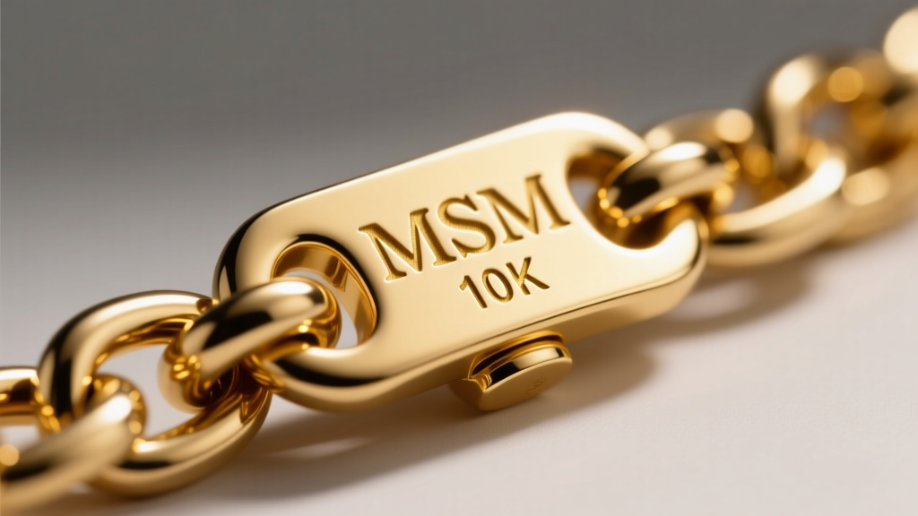 Macro shot of a 10k gold chain clasp showing the stamped MSM hallmark and 10k purity mark under bright jeweler's loupe lighting.