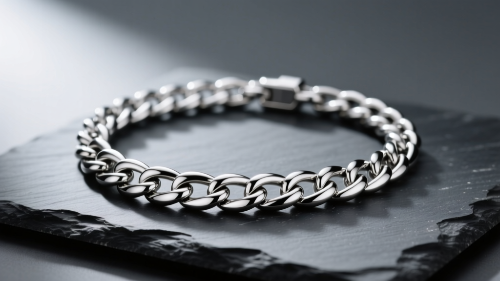 Polished 316L surgical stainless steel Cuban link necklace resting on dark slate, illuminated by soft directional studio lighting.
