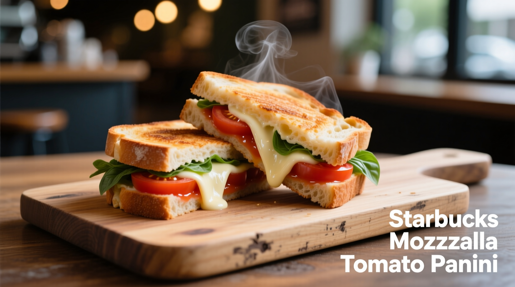 Starbucks Mozzarella Tomato Panini on wooden board