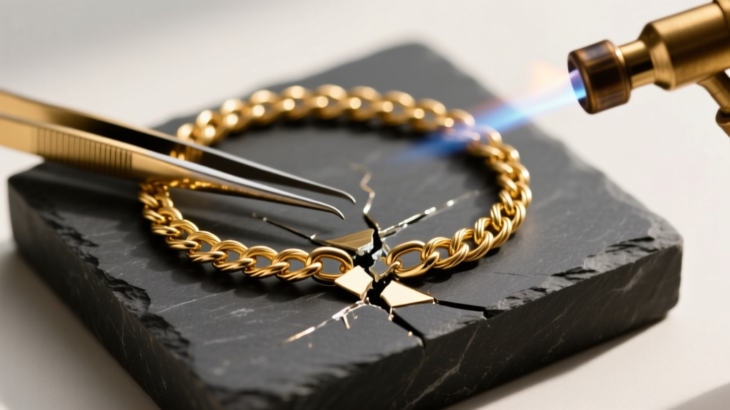 Macro shot of a broken 14k gold cable chain necklace on a dark slate jeweler bench block with brass tweezers and a small torch.