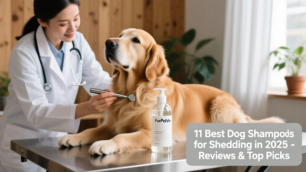 Veterinarian gently examining a dog's coat and skin during a wellness check, with FurPetVo shampoo bottle visible on exam table