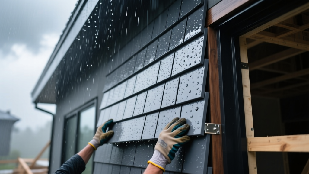 Close-up of thick insulated vinyl siding panels in slate gray being installed on a modern home exterior during a rainstorm
