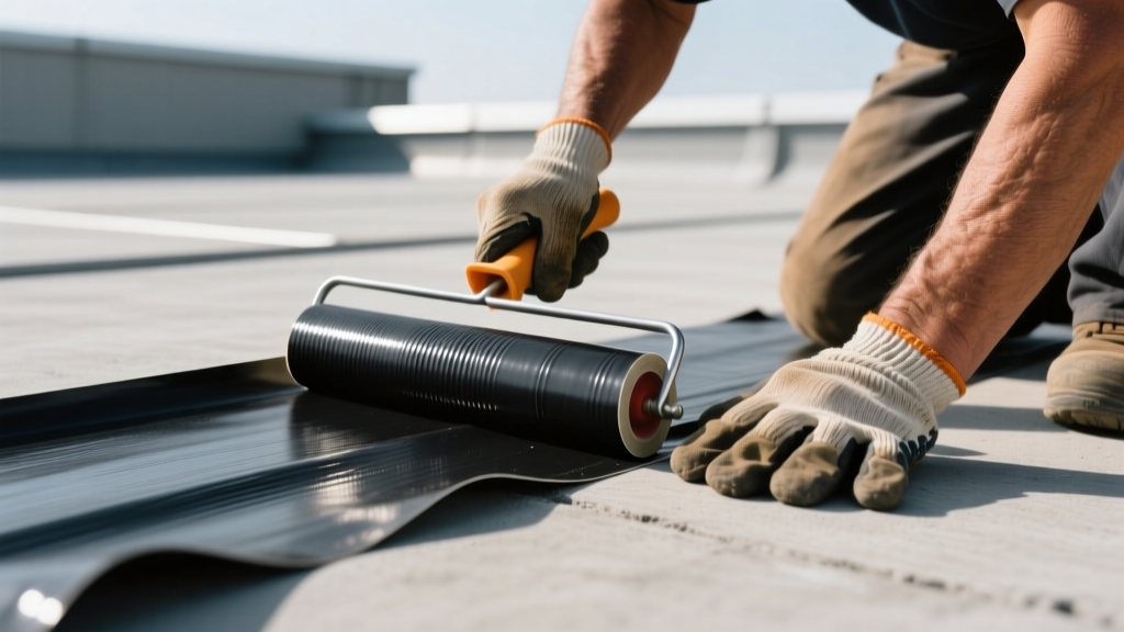 Close-up of a roofing professional using a silicone seam roller to press black EPDM rubber membrane splice tape on a flat roof