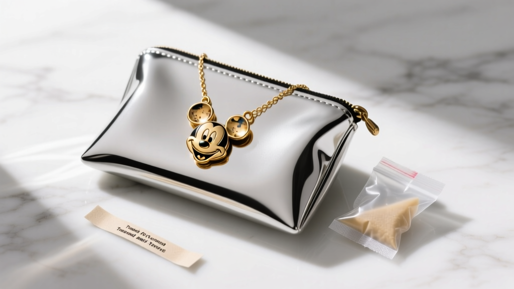 Anti-tarnish pouch holding a gold vintage Mickey Mouse necklace beside a silica gel packet and a small treated anti-tarnish strip.