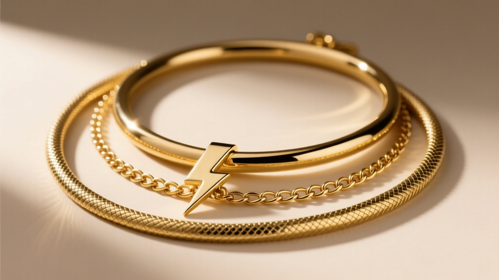 Close-up of a layered necklace stack featuring a 16-inch snake chain, an 18-inch lightning bolt, and a 20-inch plain gold hoop.