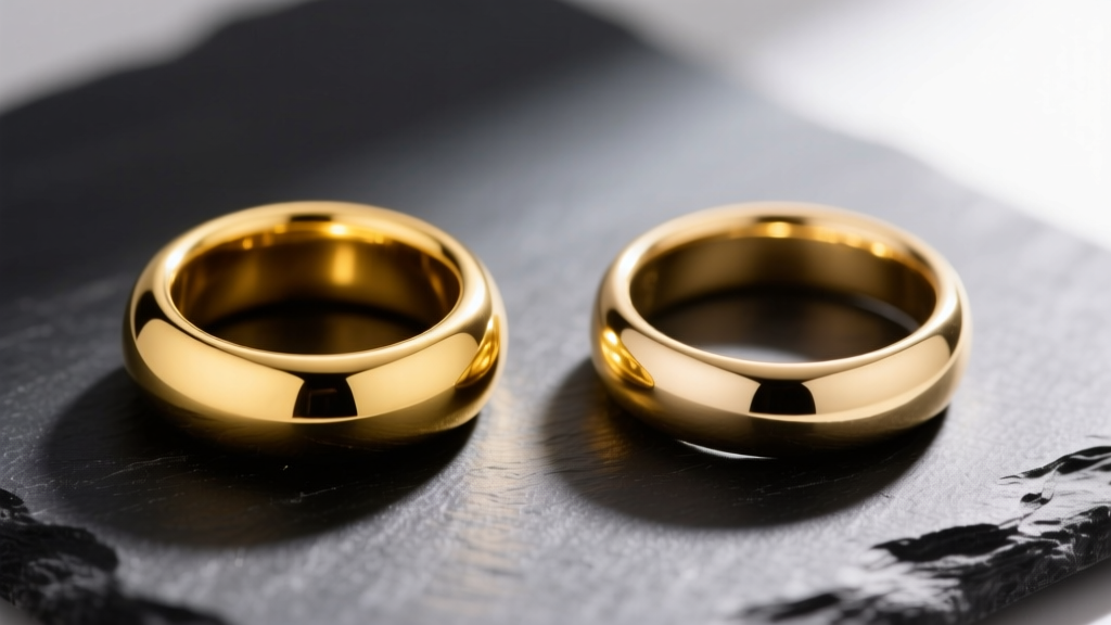 Side-by-side macro comparison of an 18k rich yellow gold hoop and a 14k paler gold hoop resting on a dark slate surface