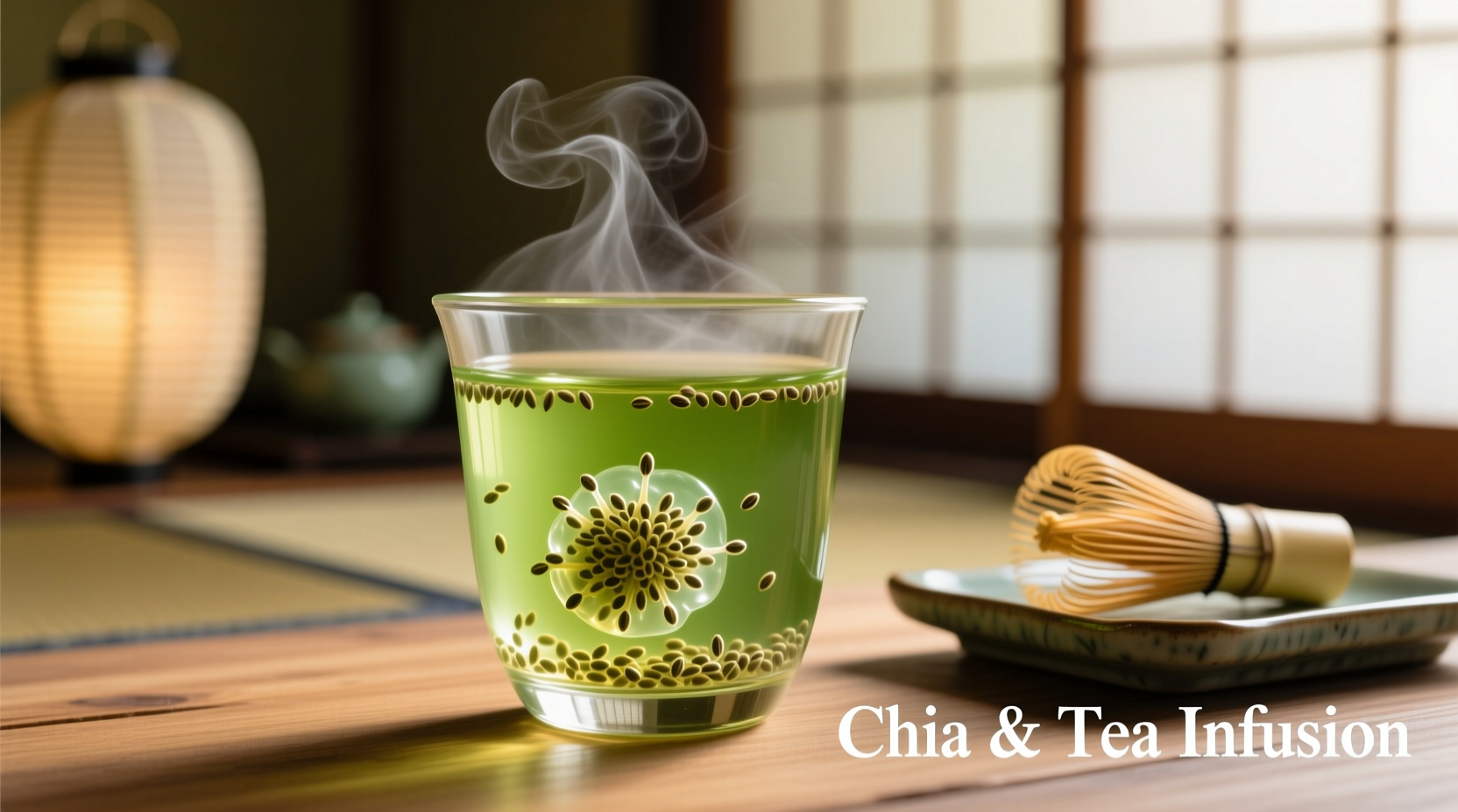 Chia seeds soaking in green tea