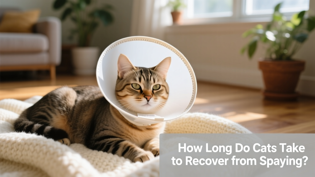 A calm, relaxed cat resting on a soft blanket, wearing a protective recovery collar