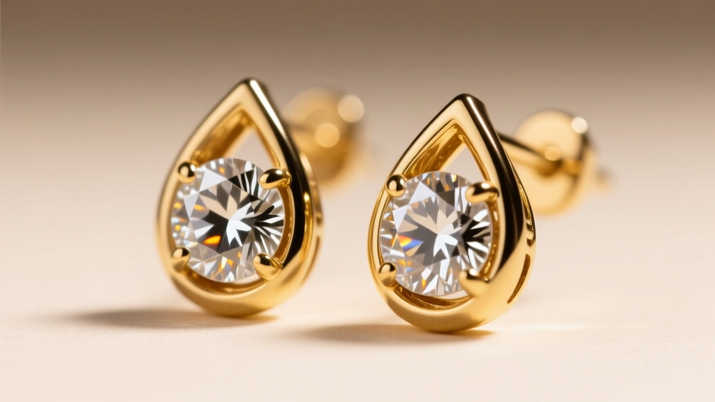 Macro shot of 14k gold bezel diamond drop earrings in warm light, showing the secure metal rim hugging round brilliant cut stones.