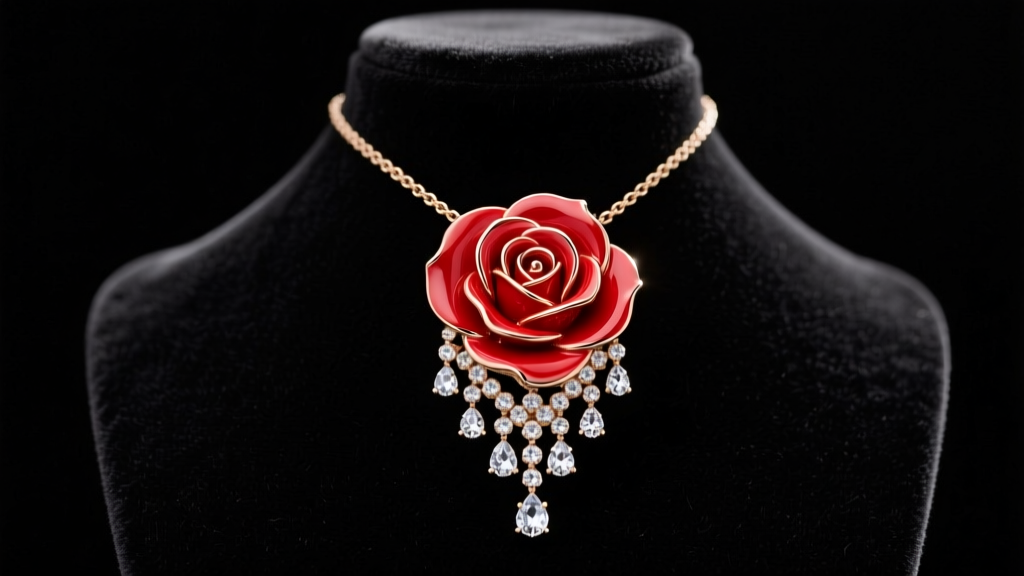 Red enameled Betsey Johnson rose pendant with clear rhinestones on a black velvet bust, lit by soft studio lighting.