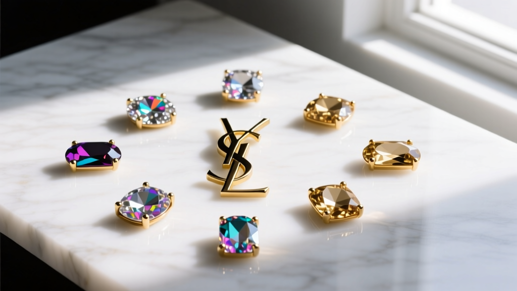 YSL crystal studs and demi-fine gold alternatives on marble, shot top-down in bright natural light for a clear visual comparison.