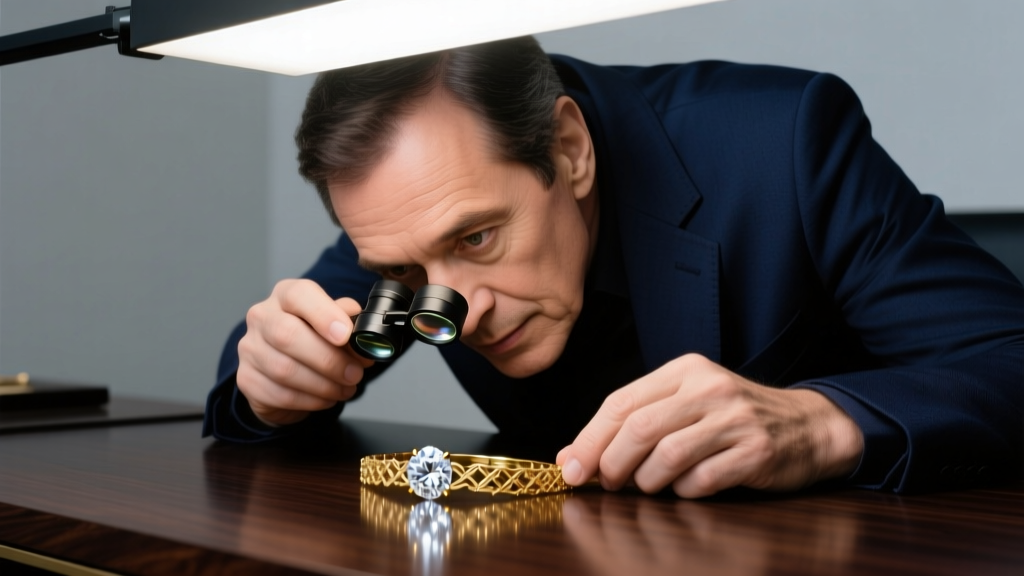 Gemologist leaning over a dark desk, examining a gold bracelet with a 30x triplet loupe under focused, bright overhead lighting