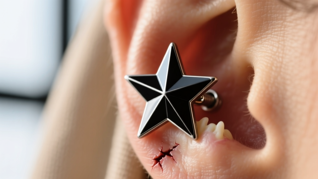 Macro shot of a 16-gauge steel DWMA star stud in a healed cartilage piercing, showing crisp black enamel detailing.
