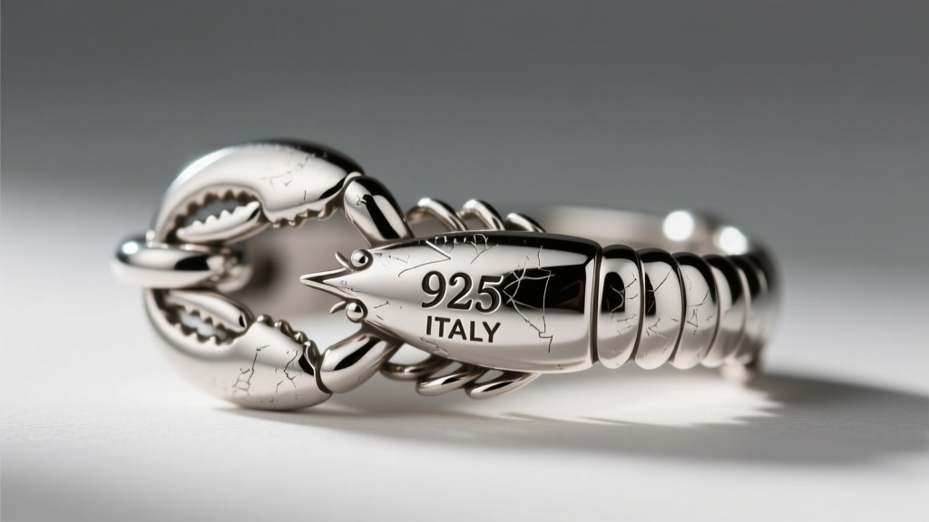 Macro shot of 925 and Italy hallmarks stamped on a sterling silver lobster clasp, sharp focus on the detailed metal engraving.