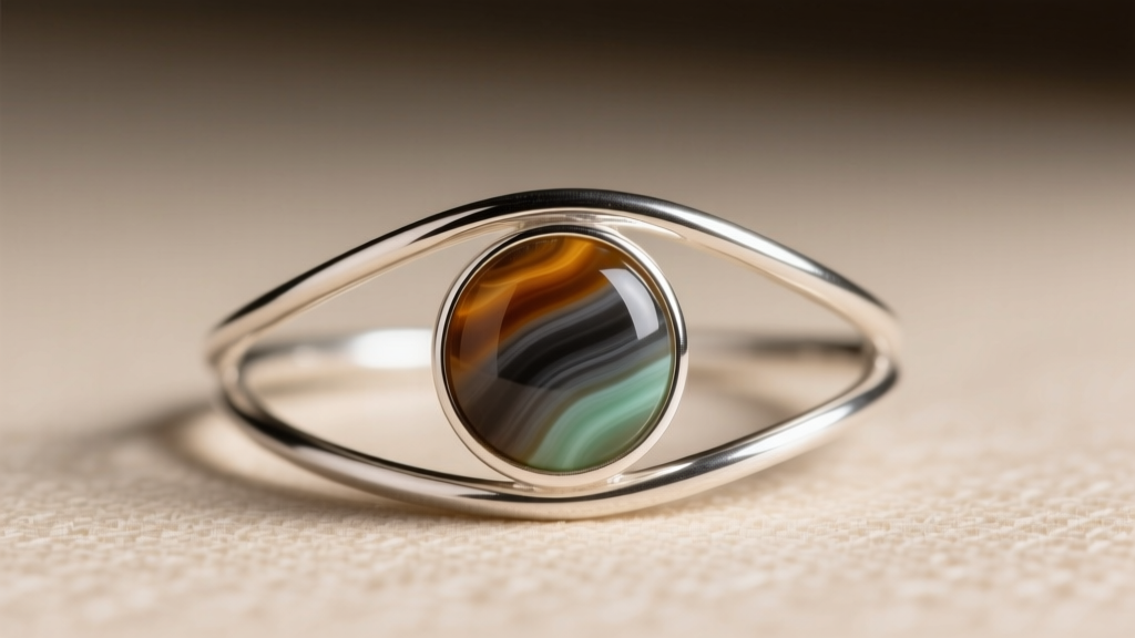 Macro shot of 28-gauge dead-soft Argentium silver bezel wire shaped into a circle around a 10mm round agate cabochon gemstone.
