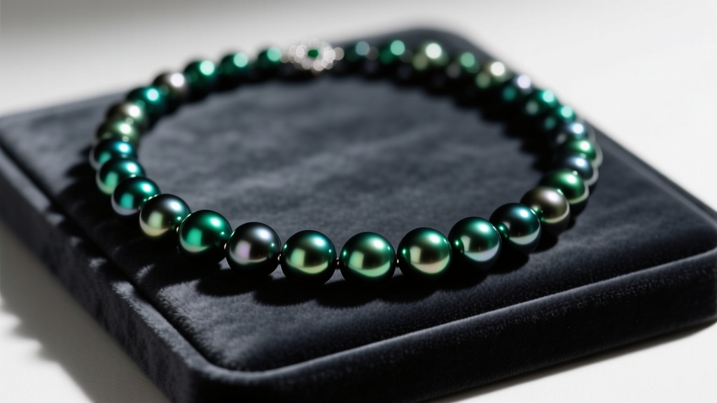 Close-up of a Tahitian black pearl necklace with peacock green overtones resting on a dark charcoal velvet jewelry display pad