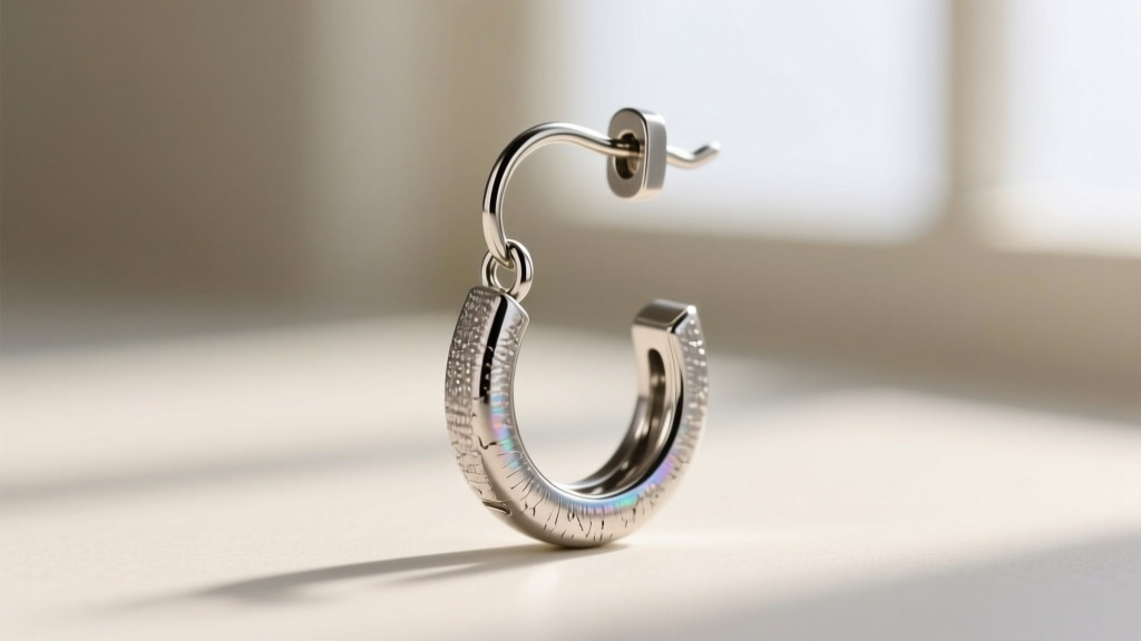 Macro photography of a 20-gauge titanium dangle earring jump ring and leverback closure, sharp focus on metal texture and clasp