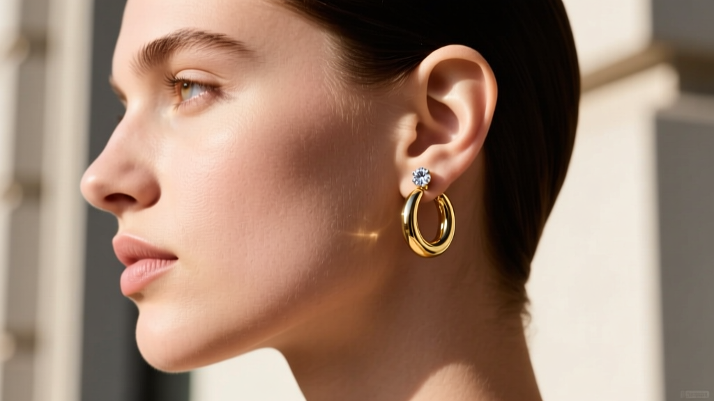 Side profile of a model showcasing a minimal ear curation with solid 14k gold huggies and a single diamond stud in bright daylight