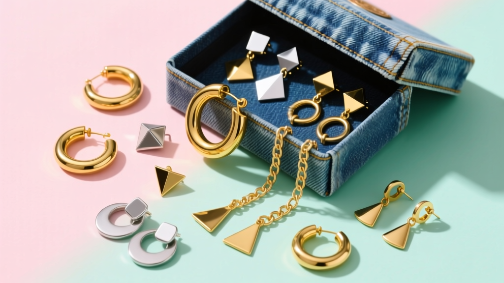 Flat lay of trendy Y2K fashion earrings in gold and silver tones spilling from a denim gift box on a soft pastel background