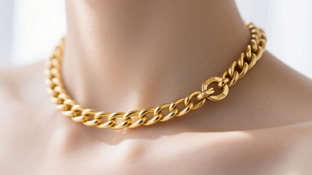 Macro shot of a 10k yellow gold rope chain choker on a collarbone, showing the tight metal weave and a tiny lobster clasp detail