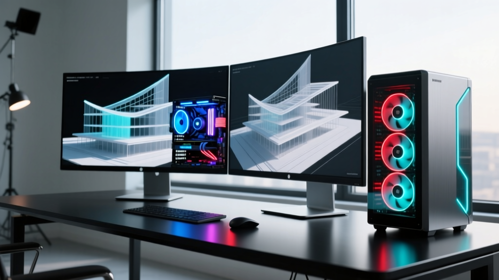 Close-up of a high-end PC workstation with glowing RGB components and dual monitors displaying complex 3D BIM architectural models on a desk