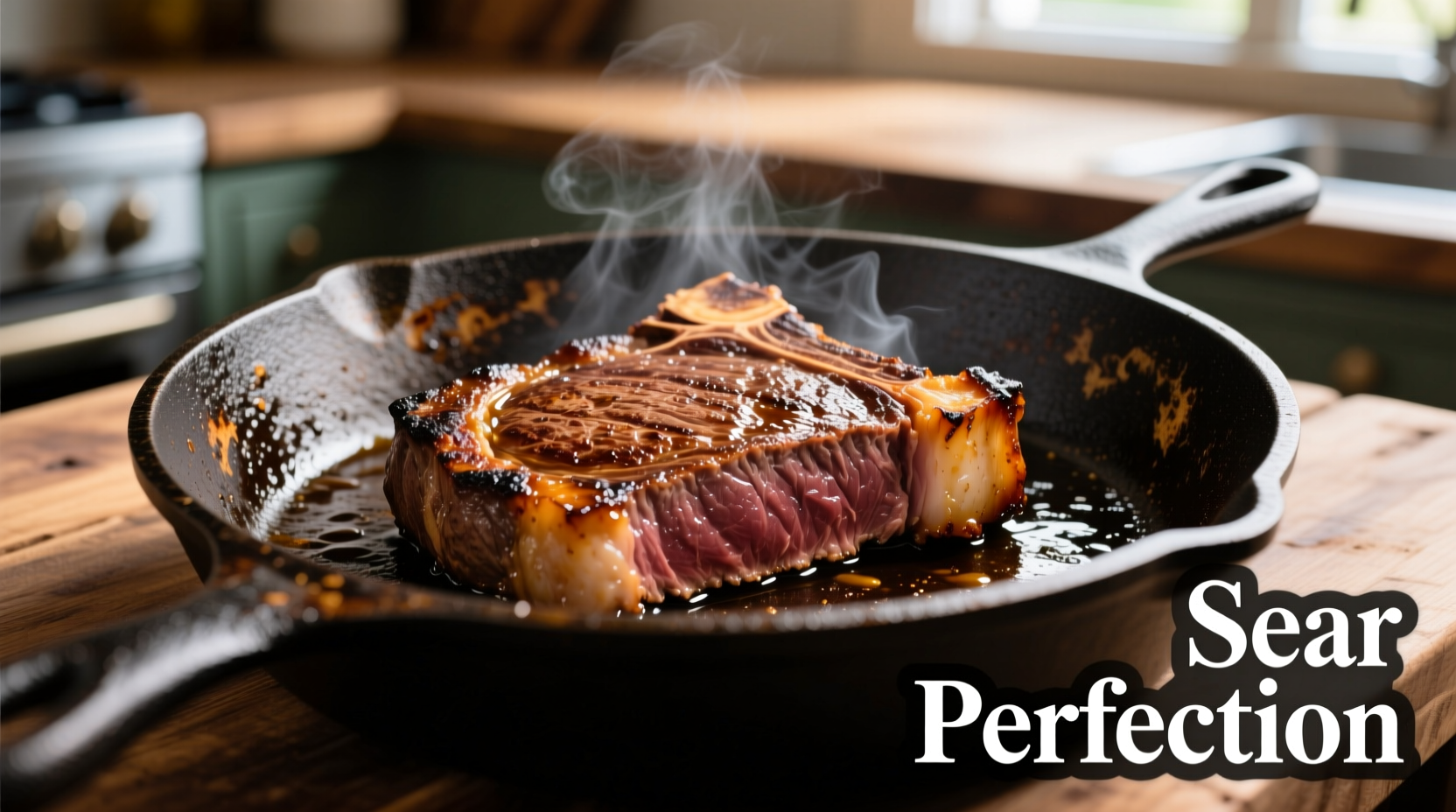 Perfectly seared sirloin tip steak on cast iron skillet