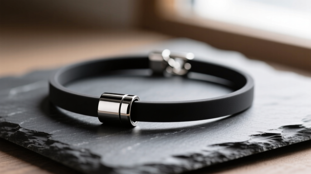 Close-up of a black PVD-coated stainless steel smok necklace with matte silicone accents resting on a dark slate surface