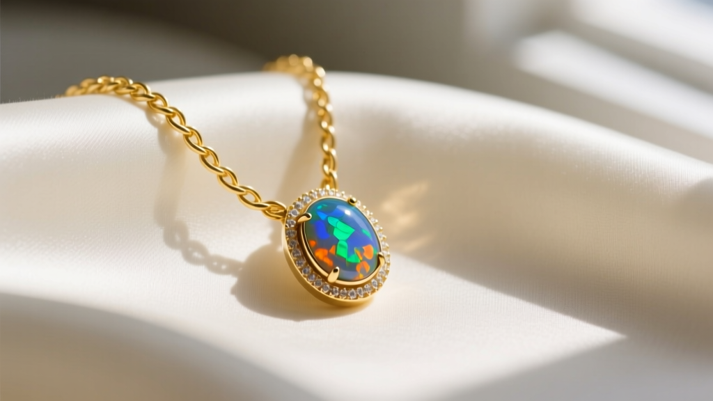 Close-up of a delicate 14k yellow gold cable chain holding a small bezel-set Ethiopian Welo opal pendant resting on a silk fabric.