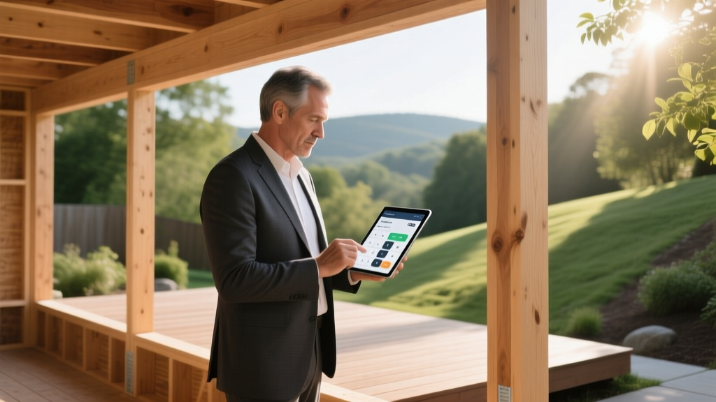Architect reviewing digital deck cost calculator on a tablet while standing on a framed pressure-treated lumber substructure overlooking a sloped backyard