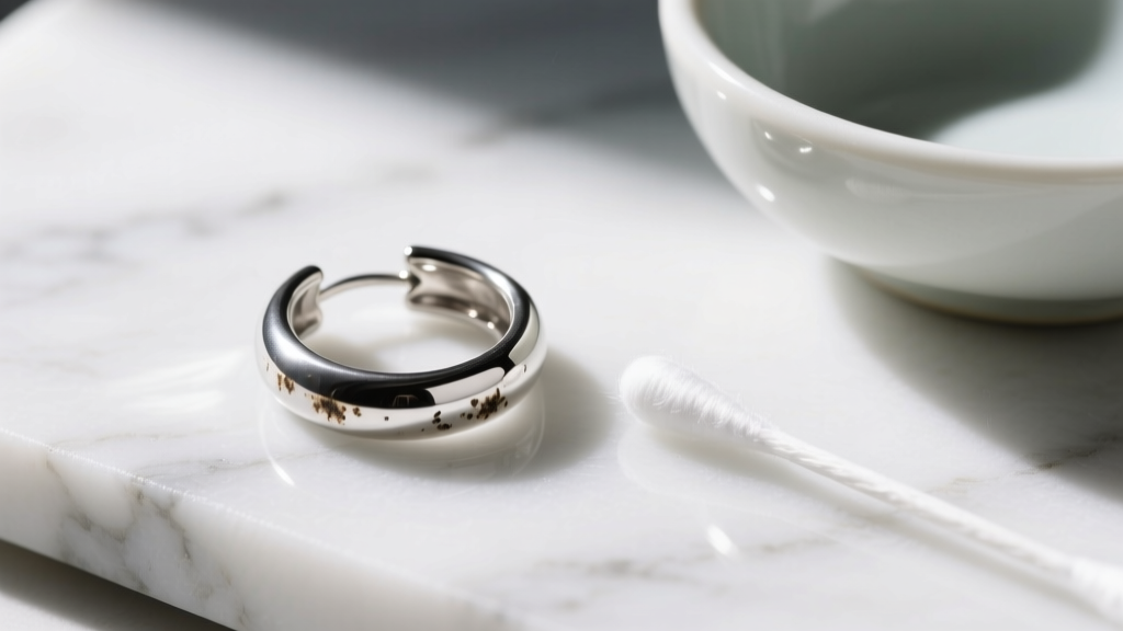 Macro shot of a sterling silver hoop earring showing slight oxidation on a white marble surface next to a cotton swab and bowl.