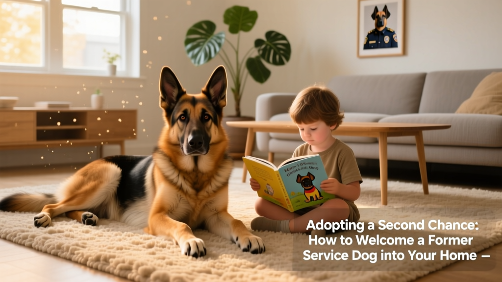 A relaxed, confident German Shepherd resting calmly on a living room rug beside a child reading a book