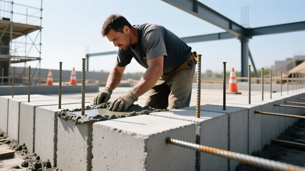 Masons laying standard 8x8x16 gray concrete masonry units with Type S mortar and vertical rebar on a commercial foundation