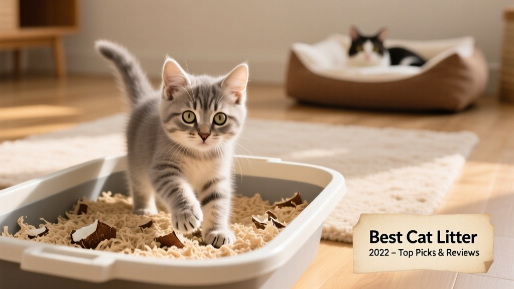 Happy kitten emerging from a tidy litter box filled with light tan, sandy-textured coconut husk litter