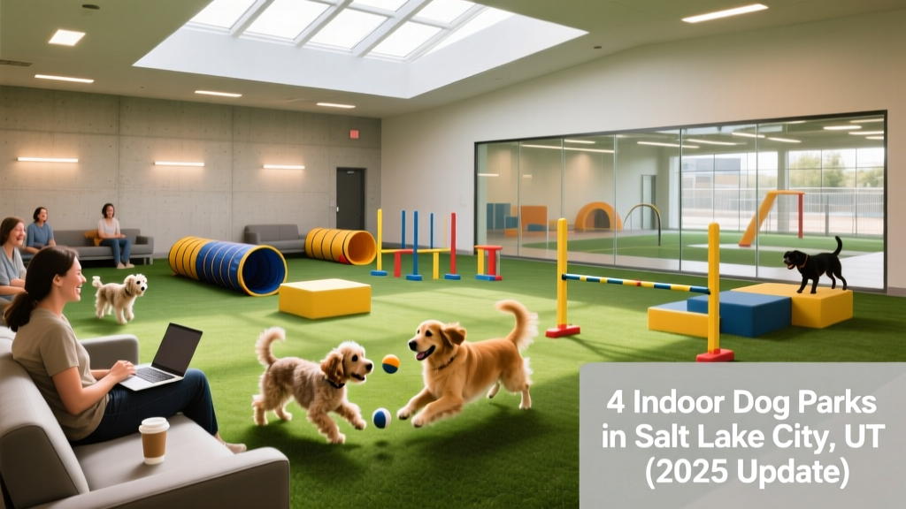 A sunny, spacious indoor dog park with dogs playing on artificial turf, agility equipment, and owners watching from comfortable seating areas