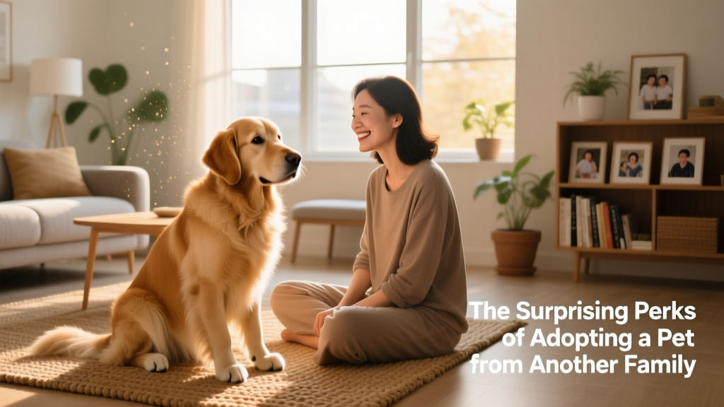 A calm, well-groomed dog sitting beside a smiling adult in a sunlit living room