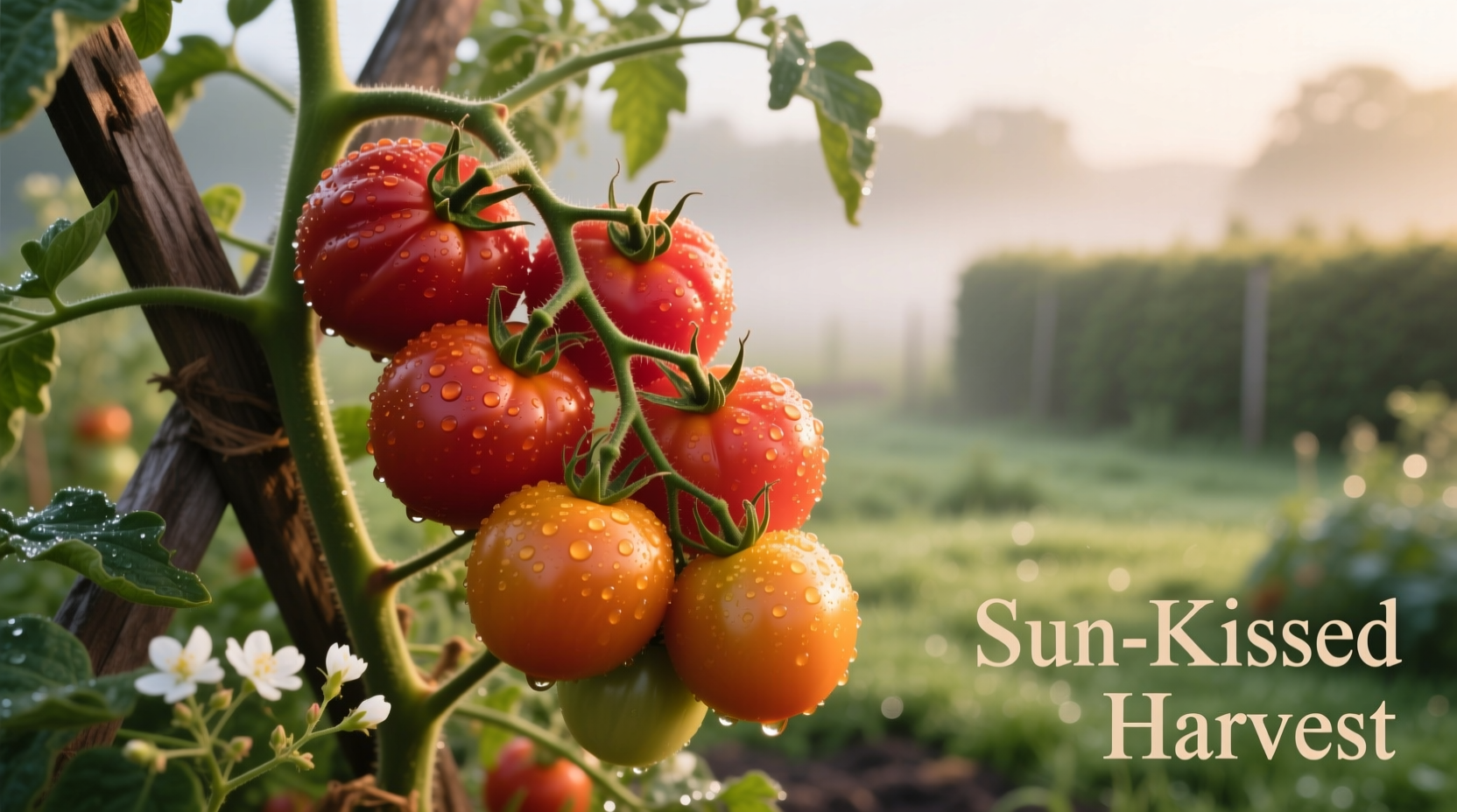Ripe heirloom tomatoes on vine with morning dew